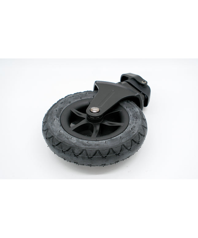 Detaillierte Ansicht des Joie Litetrax 4 Air Vorderrads mit Gummioberfläche und Mechanik, ideal für verschiedene Terrains und hohe Belastbarkeit.