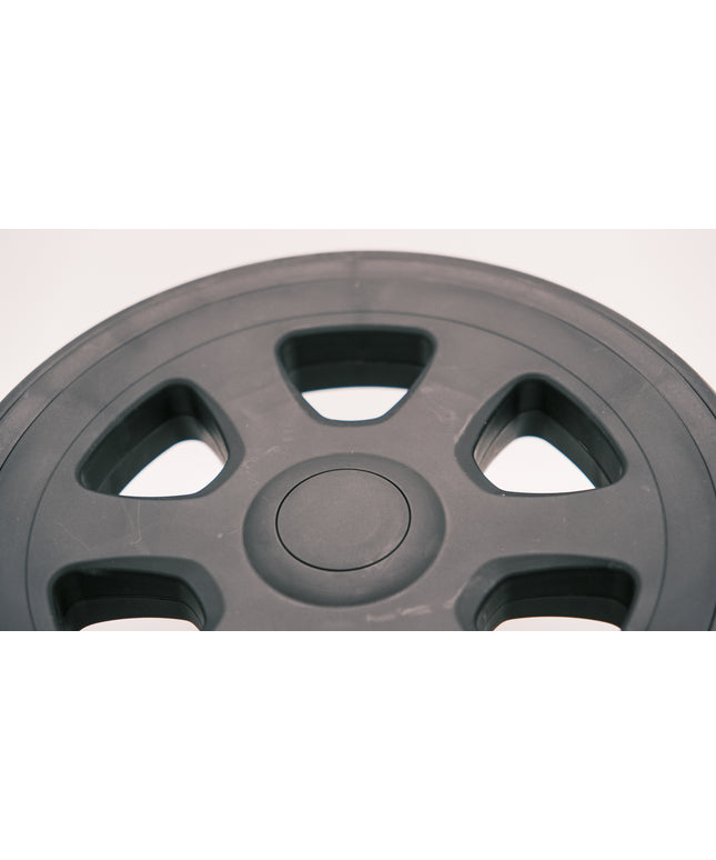 Obenansicht des Joolz Hinterrad Geo² 12 Zoll, mit klarer Sicht auf das Design der Speichen und den Gummi.
